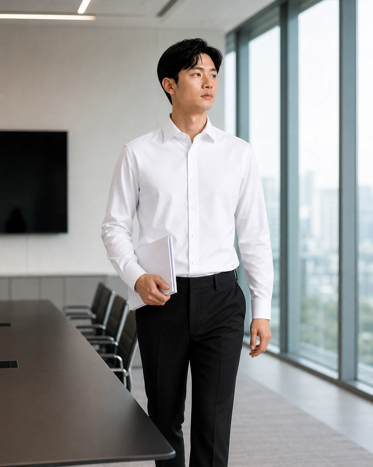 링클프리 드레스 셔츠 — 큰 창이 있는 회의 공간에서 서류를 든 자연스러운 비즈니스 착용컷