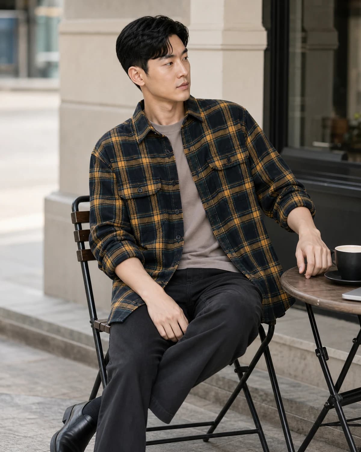 타탄 체크 오버셔츠 — 도심 카페 테라스에서 소매를 한 번 걷고 앉은 자연스러운 라이프스타일컷