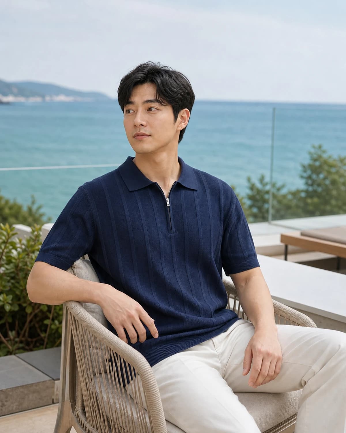 릴랙스핏 카라 니트 — 바다가 보이는 테라스에서 앉은 여름 라이프스타일컷
