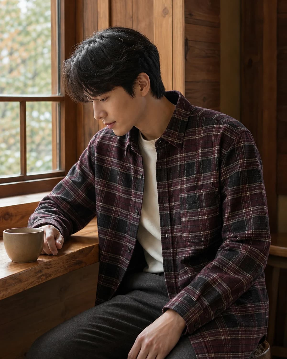 플란넬 체크 셔츠 — 목재 카페 창가에서 소매를 한 번 걷고 앉은 라이프스타일컷