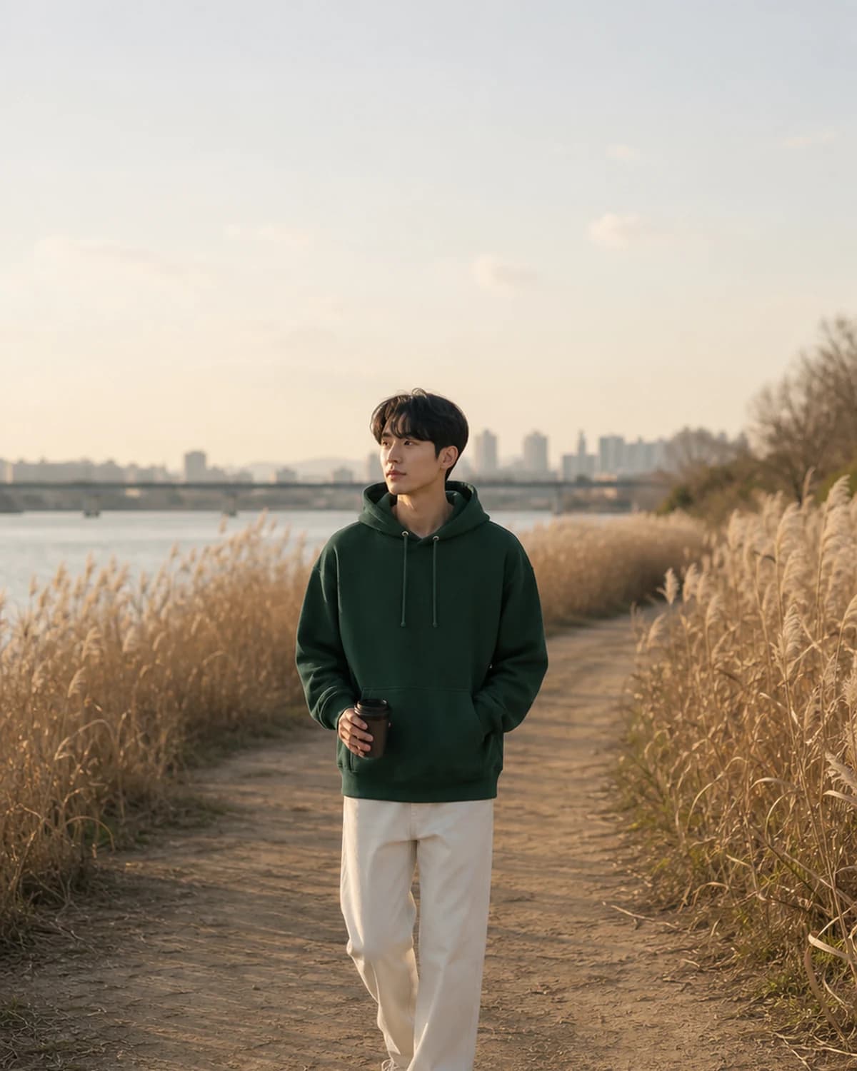 풀오버 후디 — 강변 산책로에서 걷는 자연스러운 라이프스타일컷