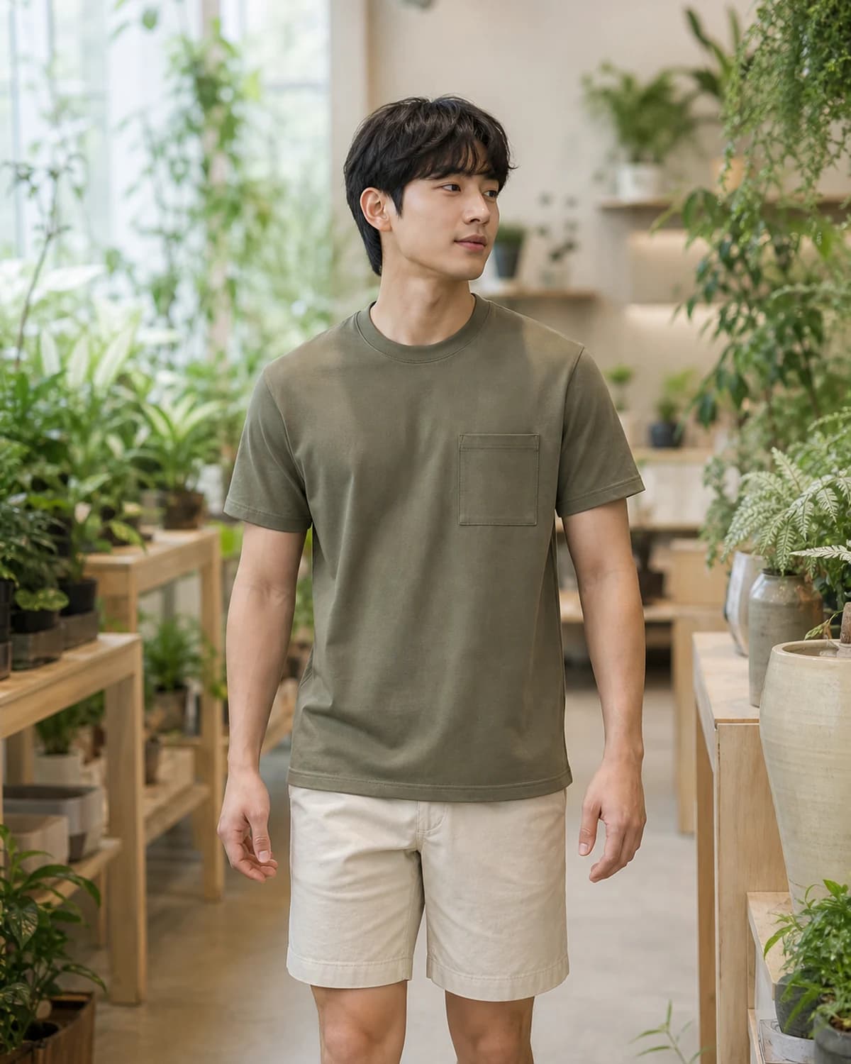 포켓 반팔 티 — 식물 편집숍에서 걷는 자연스러운 라이프스타일컷