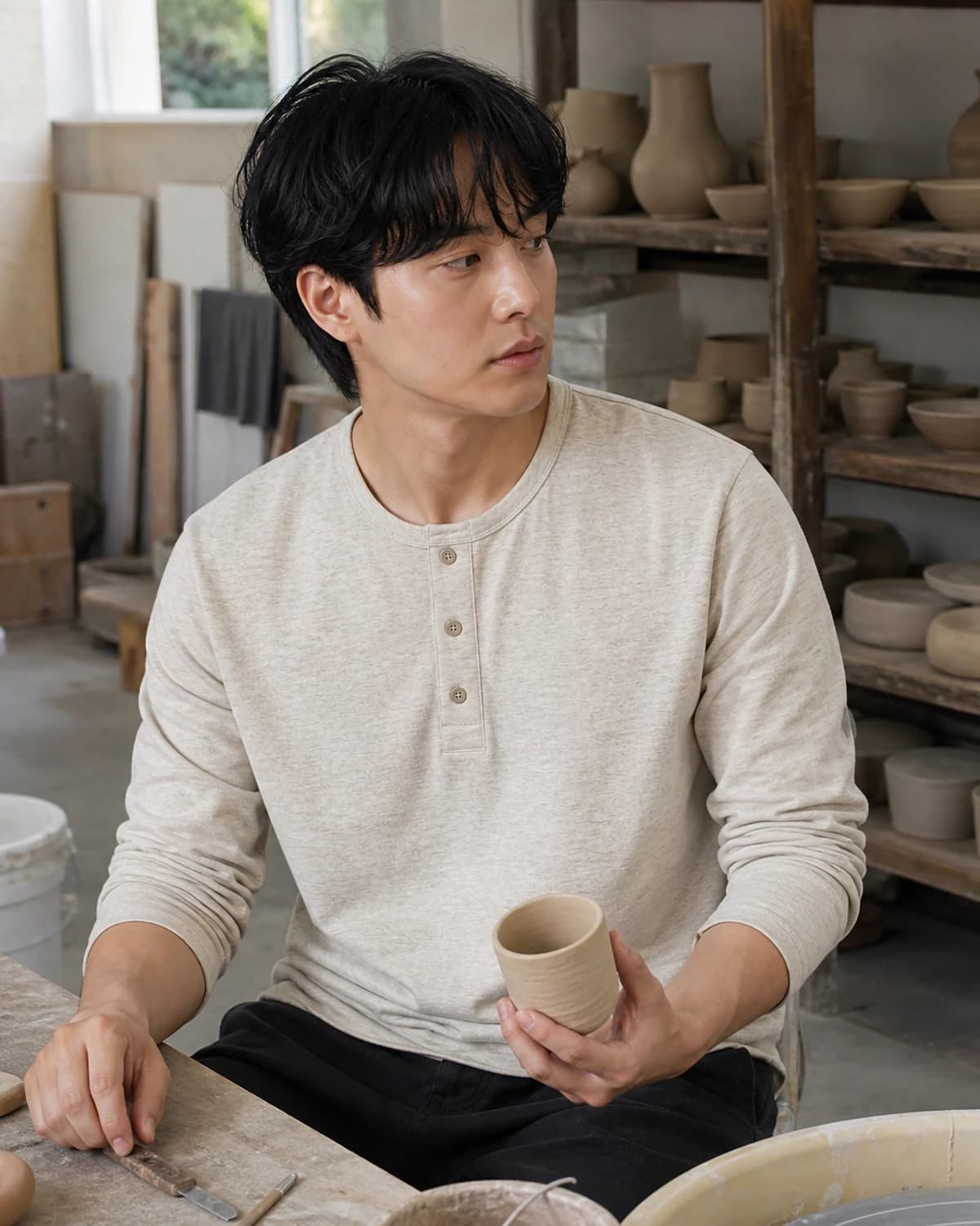 헨리넥 티셔츠 — 도예 작업실에서 컵을 드는 자연스러운 라이프스타일컷